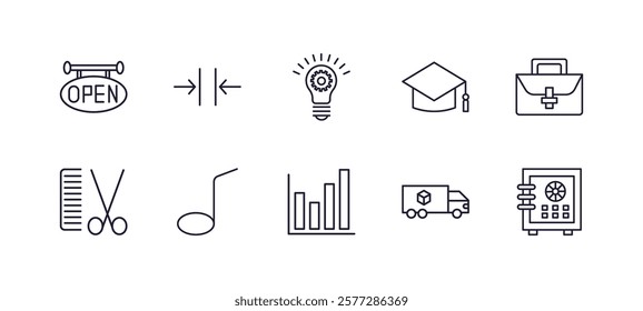 editable outline icons set. thin line icons from business collection. linear icons such as business, thin, graduation ceremony, business briefcase, bar diagram, big safe