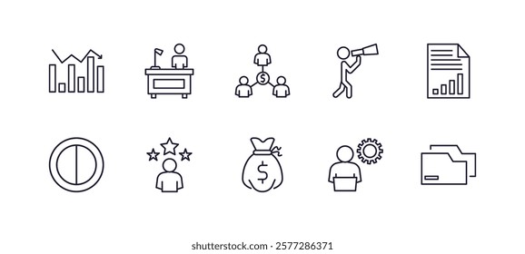 editable outline icons set. thin line icons from business collection. linear icons such as graphic chart, director desk, man looking, paper graphic, money sack, two folders