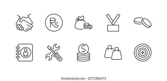 editable outline icons set. thin line icons from business collection. linear icons such as cooperate, nepalese, lanyard, stack, stacks of coins, circular target
