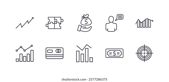 editable outline icons set. thin line icons from business collection. linear icons such as graphic arrow, puzzle game piece, man talking, growing bar graph, bars chart, target