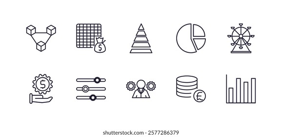 editable outline icons set. thin line icons from business collection. linear icons such as connection box chart, economy games, pie chart file, big ferris wheel, man with solutions, bars graphic