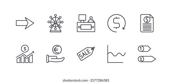 editable outline icons set. thin line icons from business collection. linear icons such as two way arrows, ferris wheels, return of investment, bailment, sale tag, numbered information