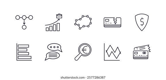 editable outline icons set. thin line icons from business collection. linear icons such as item connections, professional advance, broken credit card, dollar money protection, euro under magnifier,