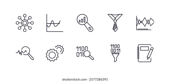 editable outline icons set. thin line icons from business and analytics collection. linear icons such as variety, wave chart, dress code, stock market, binary data search, workbook