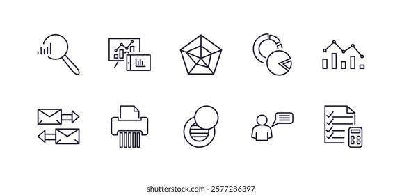 editable outline icons set. thin line icons from business and analytics collection. linear icons such as search analytics, gadget, data analytics flow, charts, value chart, accounting