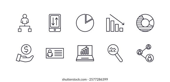 editable outline icons set. thin line icons from business and analytics collection. linear icons such as department head, mobile stock data, depleting chart, round value chart, laptop profits