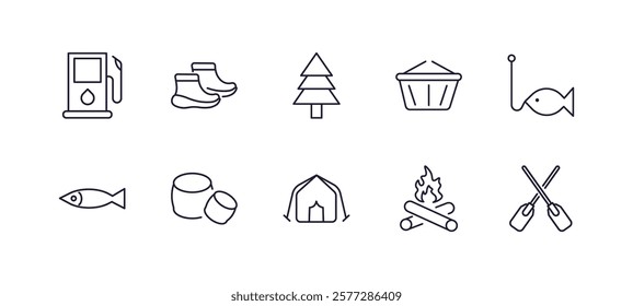 editable outline icons set. thin line icons from camping collection. linear icons such as gasoline, boots shoes, basket, fishing, outlet, oar