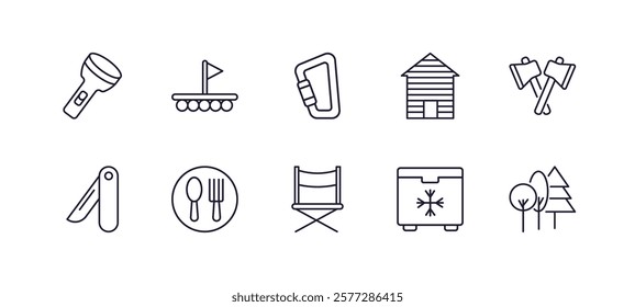 editable outline icons set. thin line icons from camping collection. linear icons such as flashlight, raft, cabin, axes, deck chair, forest