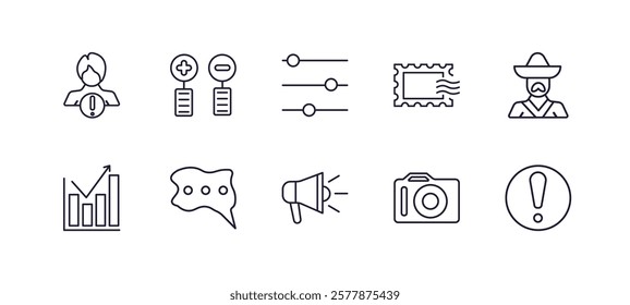 editable outline icons set. thin line icons from social media marketing collection. linear icons such as user warning, pros and cons, postcard with stamp, mexican man, announcement, importance