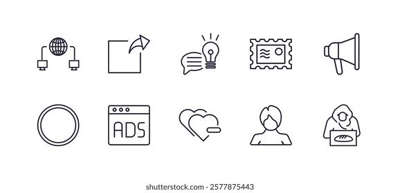 editable outline icons set. thin line icons from social media marketing collection. linear icons such as network conecction, photo share, post stamp, marketing, quit a social like, homeless