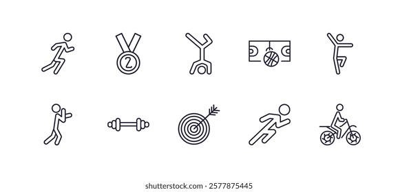 editable outline icons set. thin line icons from sports collection. linear icons such as excercise, second prize, basketball court, dancing motion, bullseye, motorbike riding