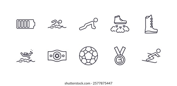 editable outline icons set. thin line icons from sports collection. linear icons such as batter, swimming figure, flying shoes, ski boots, soccer football ball, slalom