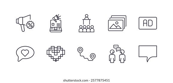 editable outline icons set. thin line icons from social media marketing collection. linear icons such as promotion, digital marketing, photos, ad, path, square bubble