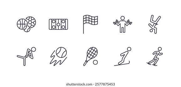 editable outline icons set. thin line icons from sports collection. linear icons such as equipment, hockey arena, excersice, capoeira, squash, ice skating man