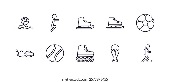 editable outline icons set. thin line icons from sports collection. linear icons such as waterpolo, squat, skating, football ball, roller skate, biathlon