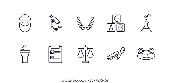 editable outline icons set. thin line icons from education collection. linear icons such as robinson crusoe, microscope, abc, chemistry, law, frog