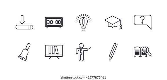 editable outline icons set. thin line icons from education collection. linear icons such as window scrolling medium, digital display 30, graduation pictures, unknown topic, teacher with stick, book