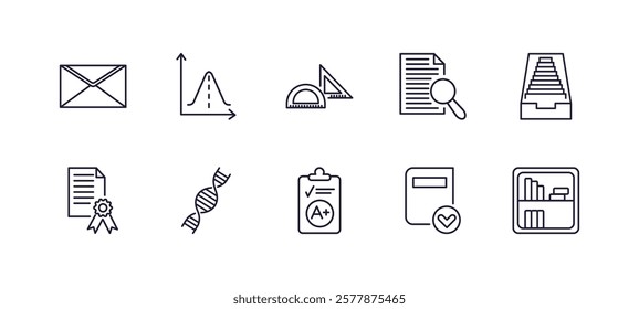 editable outline icons set. thin line icons from education collection. linear icons such as closed envelope, gaussian function, searching files, archives, clipboard with a+, bookshelf with books