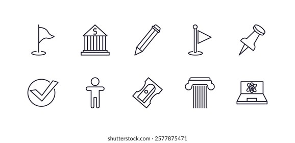 editable outline icons set. thin line icons from education collection. linear icons such as location flag, bank, flag point, pushpin, sharpener, science in a laptop