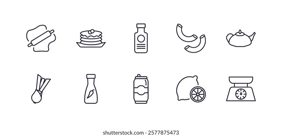 editable outline icons set. thin line icons from gastronomy collection. linear icons such as dough, pancakes, aroni, teapot, beer can, scales