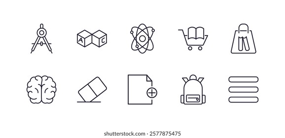 editable outline icons set. thin line icons from education collection. linear icons such as draw with compass, creche, cart with books, bag of books, new document, bars