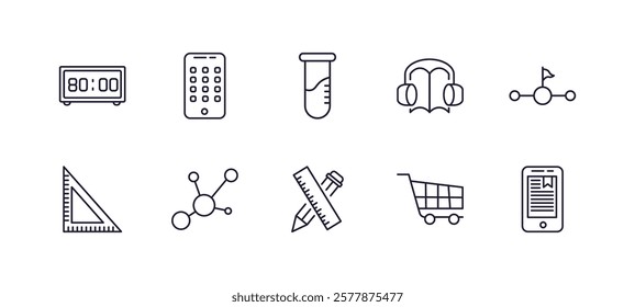 editable outline icons set. thin line icons from education collection. linear icons such as digital display 60, smartphone app, audio book, halfway, school supplies, tactile tablet