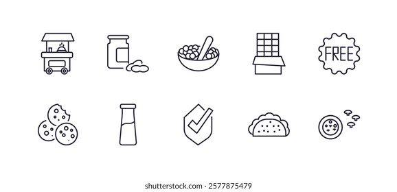 editable outline icons set. thin line icons from fast food collection. linear icons such as street food, peanut butter, chote, free, guarantee, preparation