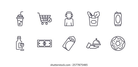 editable outline icons set. thin line icons from fast food collection. linear icons such as frappe, ordering, groceries, can, burrito, doughnut