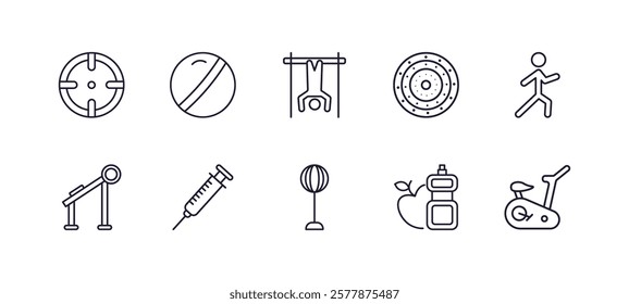 editable outline icons set. thin line icons from gym and fitness collection. linear icons such as iron shoot, gymnastic ball, weight drive, stretching leg exercise, standing punching ball, exercise