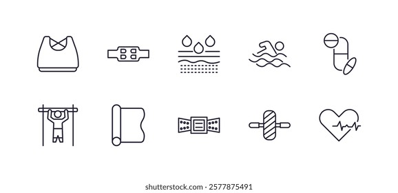 editable outline icons set. thin line icons from gym and fitness collection. linear icons such as female sportwear, lumbar belt, man swimming, pill and tablet, athletic strap, fitness heart