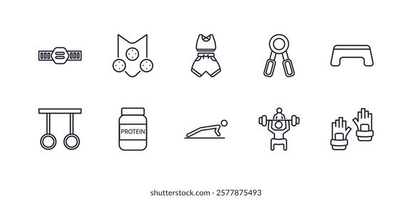 editable outline icons set. thin line icons from gym and fitness collection. linear icons such as fitness belt, elevation mask, grip, fitness step, push up, gloves