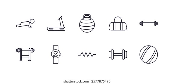 editable outline icons set. thin line icons from gym and fitness collection. linear icons such as pushups exercises, running hine, gym bag, dumbbells bar, resistance band, power ball