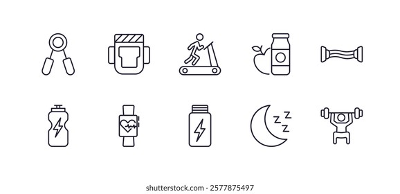 editable outline icons set. thin line icons from gym and fitness collection. linear icons such as sport expander, headgear, fitness nutrition, chest expanders, phytonutrients, lifting barbell