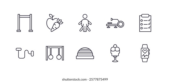 editable outline icons set. thin line icons from gym and fitness collection. linear icons such as horizontal bar, carrot and, rowing hine, to do list, bosu ball, training watch