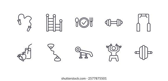 editable outline icons set. thin line icons from gym and fitness collection. linear icons such as skip rope, gym ladder, little dumbbell, training apparatus, simulator for press, fitness wheel