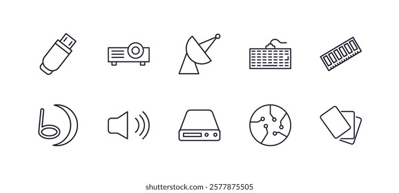 editable outline icons set. thin line icons from hardware collection. linear icons such as usb flash, video projector, keyboard wire, random access memory, local disk, flash card