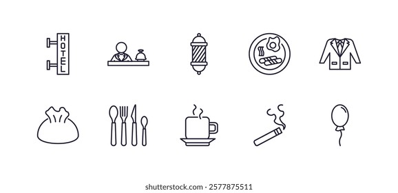 editable outline icons set. thin line icons from hotel and restaurant collection. linear icons such as hotel, receptionist, breakfast, suits, coffee, balloon