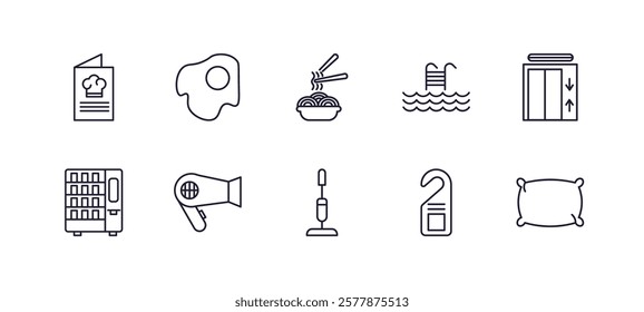 editable outline icons set. thin line icons from hotel and restaurant collection. linear icons such as menu, fried egg, pool, elevator, vacuum cleaner, pillow