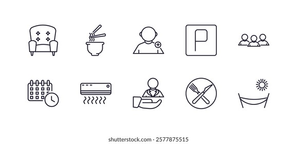 editable outline icons set. thin line icons from hotel and restaurant collection. linear icons such as lounge, ramen, parking, people, servant, hammock