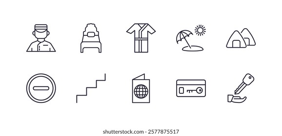 editable outline icons set. thin line icons from hotel and restaurant collection. linear icons such as bellboy, single bed, beach hotel, onigiri, passport, valet