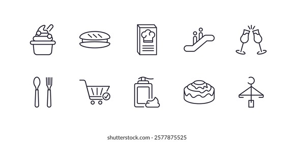 editable outline icons set. thin line icons from hotel and restaurant collection. linear icons such as frozen yogurt, sandwich, or down, champagne, lotion, checkroom