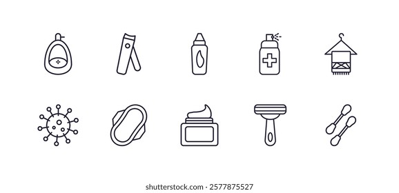 editable outline icons set. thin line icons from hygiene collection. linear icons such as urinal, nail clippers, antiseptic, face towel, face cream, cotton swabs