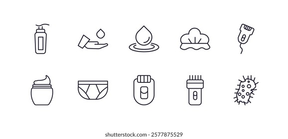 editable outline icons set. thin line icons from hygiene collection. linear icons such as pump bottle, ablution, shower cap, epilator, depilator, parasite