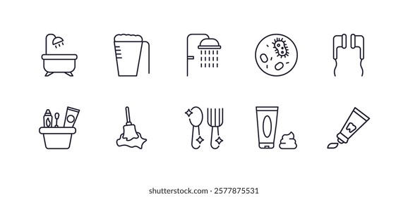 editable outline icons set. thin line icons from hygiene collection. linear icons such as bathroom, detergent dose, microbes, ear buds, food hygiene, tooth paste