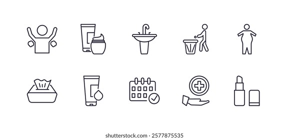 editable outline icons set. thin line icons from hygiene collection. linear icons such as body odour, cosmetics, throw, body shaming, appointment book, lip balm