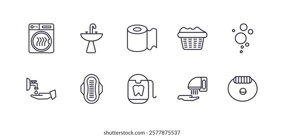 editable outline icons set. thin line icons from hygiene collection. linear icons such as dryer, washbasin, laundry basket, bubble, flossing, epliator