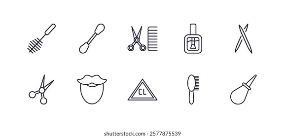 editable outline icons set. thin line icons from hygiene collection. linear icons such as toilet brush, cotton swab, varnish, toothpick, chlorine, l aspirator