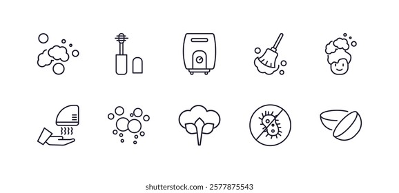 editable outline icons set. thin line icons from hygiene collection. linear icons such as lather, dolled up, dust cleaning, hair washing, cotton, lens