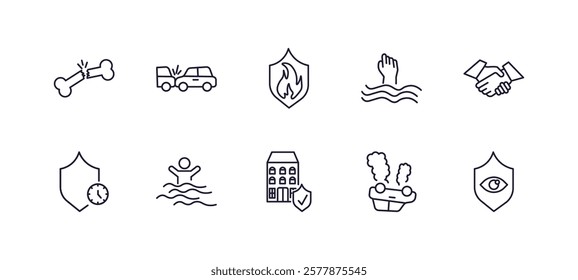 editable outline icons set. thin line icons from insurance collection. linear icons such as fracture, rear end collision, sinking, shake hands, building insurance, vision insurance