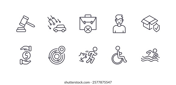 editable outline icons set. thin line icons from insurance collection. linear icons such as legal expenses, hail on the car, child, delivery insurance, bite, risk pool